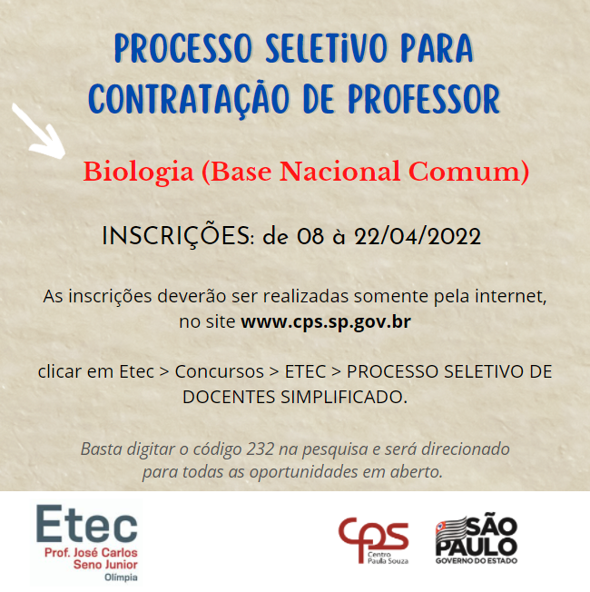 EDITAL VAGAS REMANESCENTES: INSCRIÇÕES DE 30/03 A 14/04/22 PARA INGRESSAR  NO 2º ANO (Período Integral) – Etec Prof. José Carlos Seno Júnior